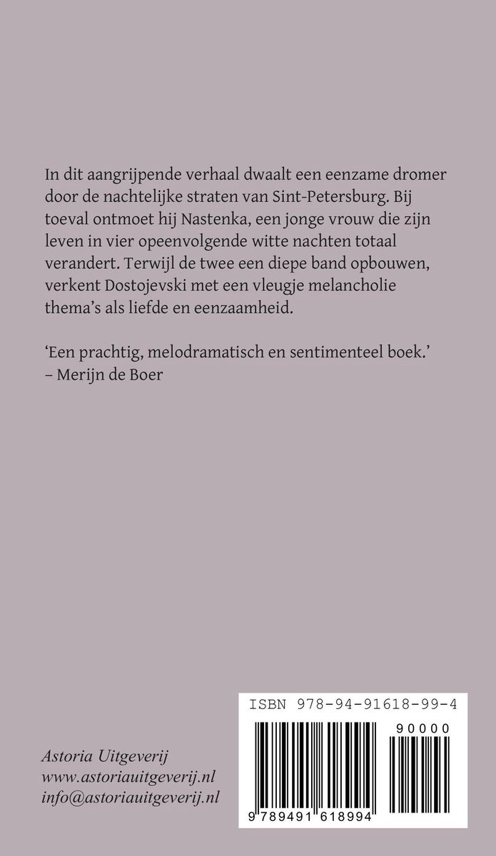 Boekcover met tekst over 'Witte nachten' van Fjodor Dostojevski. Rechts een ISBN-streepjescode.