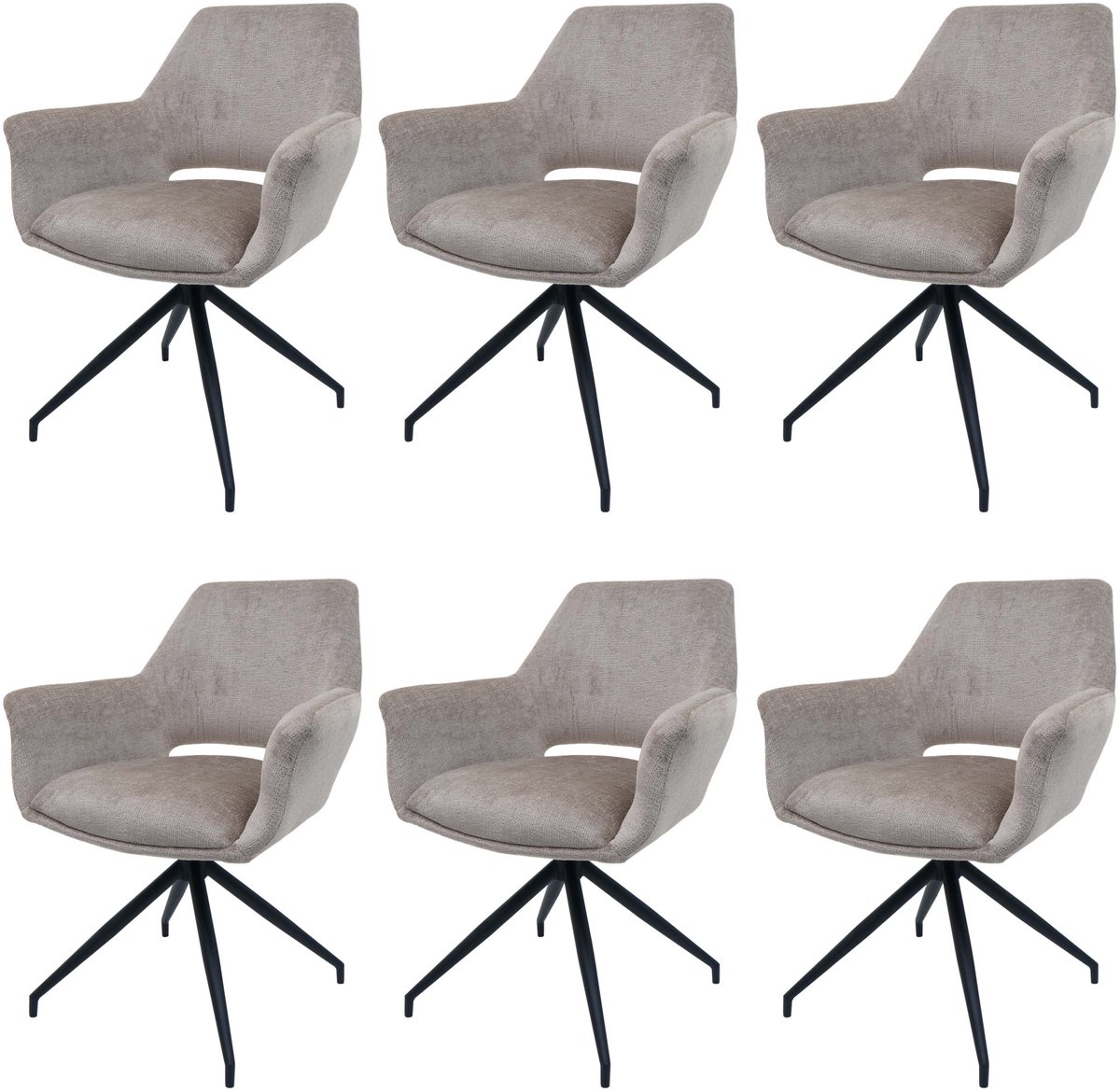 MCW Set van 6 eetkamerstoelen MCW-M53, keukenstoel Stoel met armleuning, draaibare autostand, metaal stof MVG ~ taupe