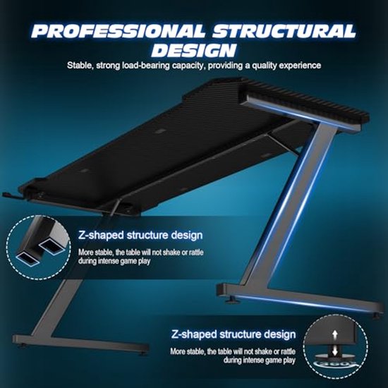 Gaming Bureau 120x60CM - Ergonomisch PC Bureau met Cool Z-Vorm en Hooftelefoon Haak van Merkloos — afbeelding 5