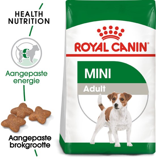 Een zak Royal Canin Mini Adult hondenvoer, met een Jack Russell Terriër en drie ster-vormige brokken.