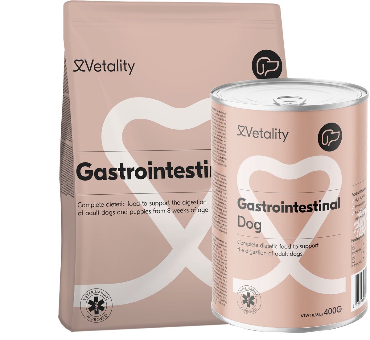 Vetality Hondenvoer Gastrointestinal - 3 kg + 6 x 400 gram - Hondenbrokken - Natvoer Hond - Licht Verteerbaar - Omega3