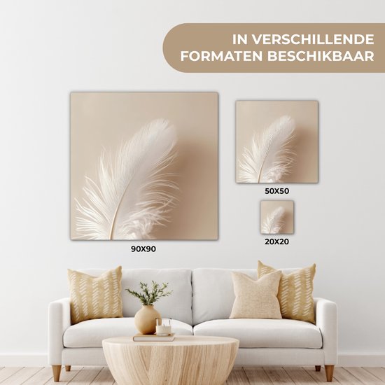 Canvas schilderij 20x20 cm - Wanddecoratie Veer - Minimalistisch - Roze - Muurdecoratie woonkamer - Slaapkamer decoratie - Kamer accessoires - Schilderijen op canvas