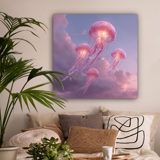 Canvas schilderij 90x90 cm - Wanddecoratie Kwallen - Roze - Wolken - Muurdecoratie woonkamer - Slaapkamer decoratie - Kamer accessoires - Schilderijen op canvas