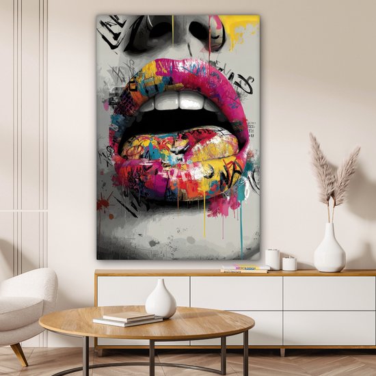 Canvas schilderij 80x120 cm - Wanddecoratie Lippen - Graffiti - Expressief - Muurdecoratie woonkamer - Slaapkamer decoratie - Kamer accessoires - Schilderijen op canvas