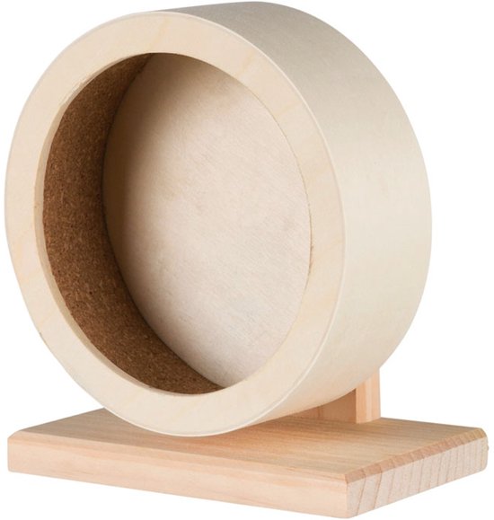 Roue d'exercice en bois avec intérieur en liège, posée sur une base en bois.