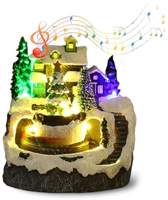 Kerstdorp, scène met verlichting, kerstdecoratie, kerstdecoratie, verlicht kersthuis met led, kerstscène, decoratie stad met draaibare boom voor kerstfeest, decoratie (kerstboom)