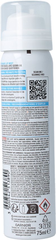 Garnier Ambre Solaire Over Make-up Super UV Mist Gezicht SPF50 - met Glycerine, Vitamine E en Hyaluronzuur – Beschermt & Fixeert Make-up - Skizonnebrandcreme - 75ml