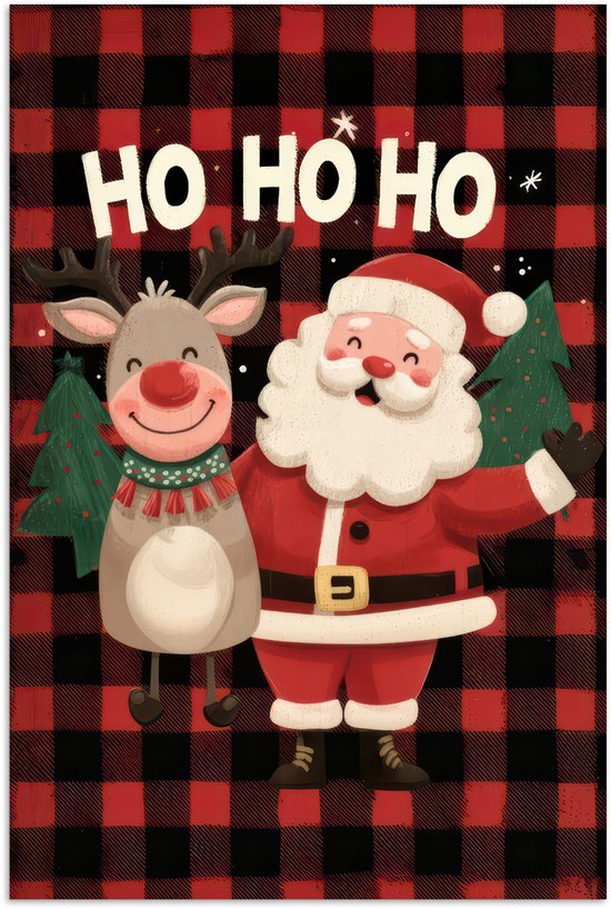 Poster 80x120 cm - Kerstman - Rendier - Tekst - Rood - Zwart - Posters - Kamer decoratie - Wanddecoratie woonkamer - Muurdecoratie slaapkamer - Kerstversiering - Kerstdecoratie voor binnen - Kerstmis