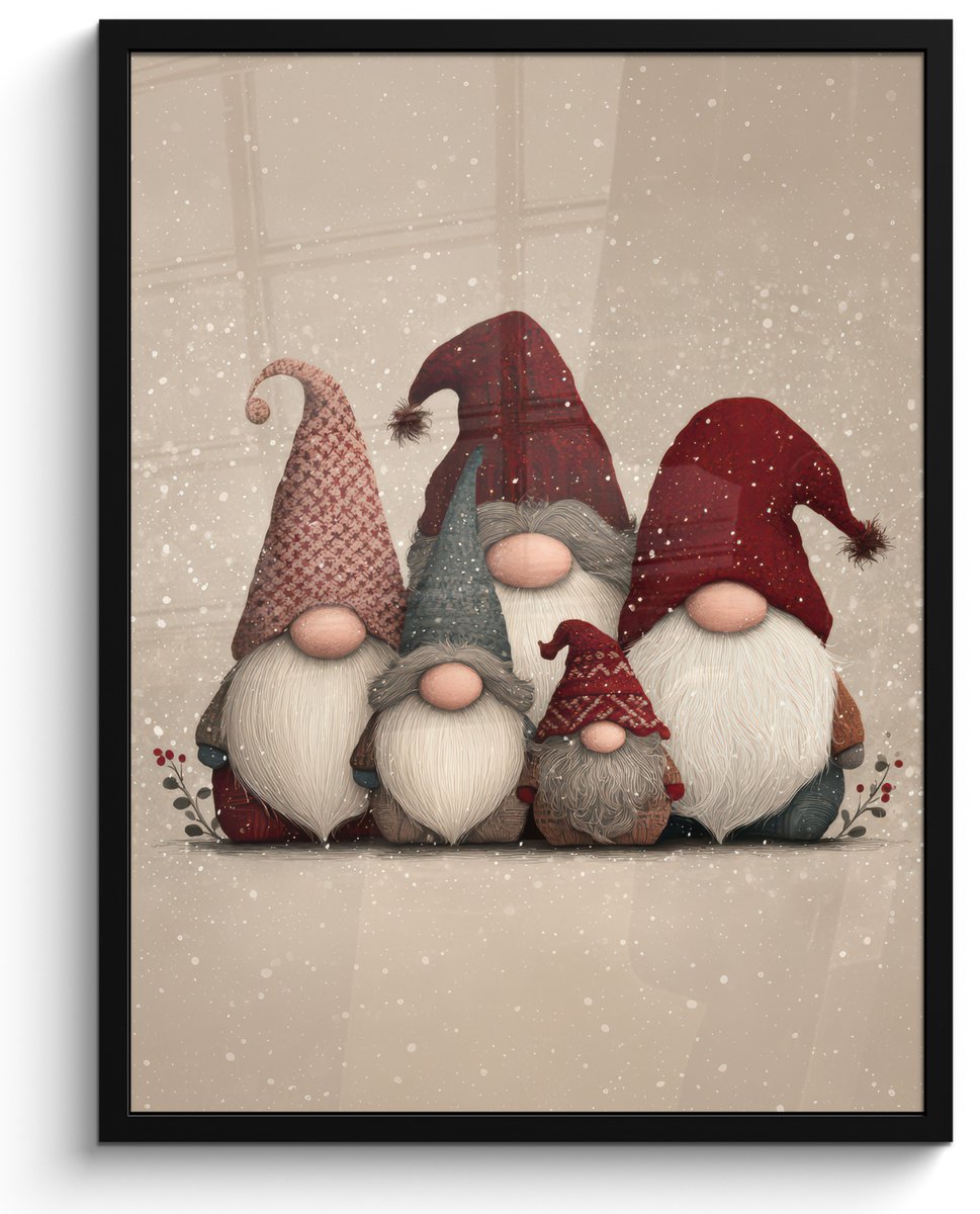 FrameYourWall Poster in lijst - Fotolijst 60x80 cm - Posters - Kabouters - Kerst - Sneeuw - Puntmutsen - Posterlijst zwart - Decoratie - Wanddecoratie woonkamer - Muurdecoratie slaapkamer - Kerstversiering - Kerstdecoratie voor binnen - Kerstmis