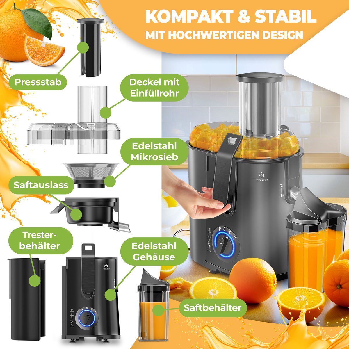 Bol.com KESSER® Slowjuicer - Sapcentrifuge voor Fruit en Groenten 1100W Sap Juicer met 2000ml Pulpcontainer en 1000ml sapreservo... aanbieding