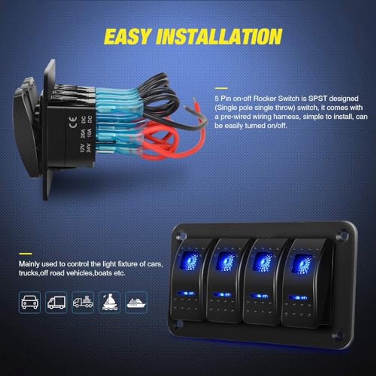 Weg Tuimelschakelaarpaneel 12V 24V DC - Blauwe Schakelaars en Waterdicht Aluminium 5Pin AAN UIT