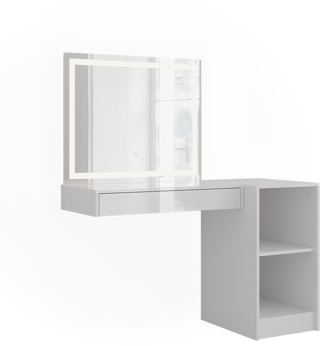 Vicco Kaptafel met licht Sherry, Wit/Wit Hoogglans, 120.2 cm met LED-spiegel en open rek