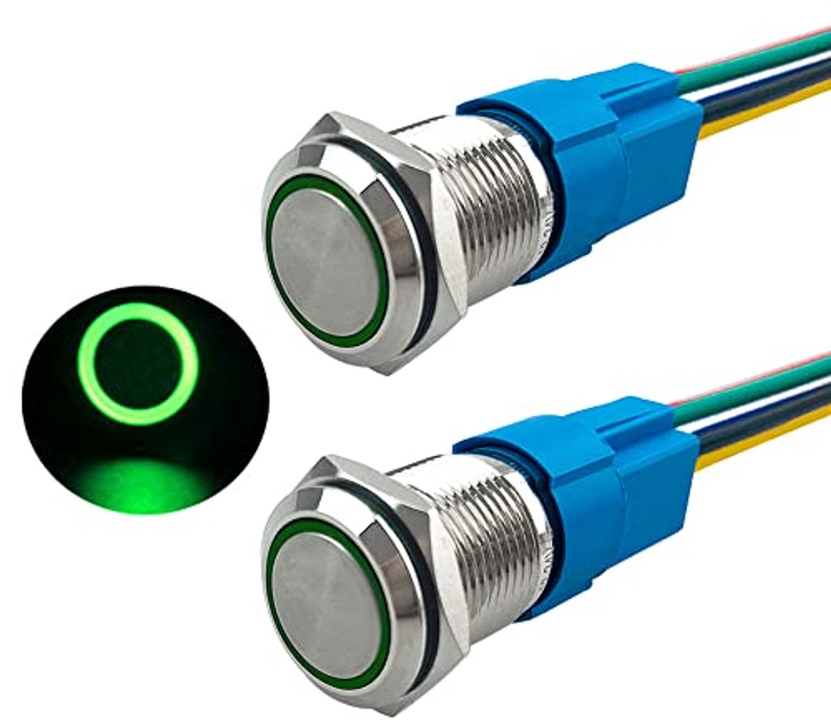 Momentane Drukknopschakelaar 16 mm - 2 Stuks, 12V/24V, IP67, Voorbekabeld met Groene LED