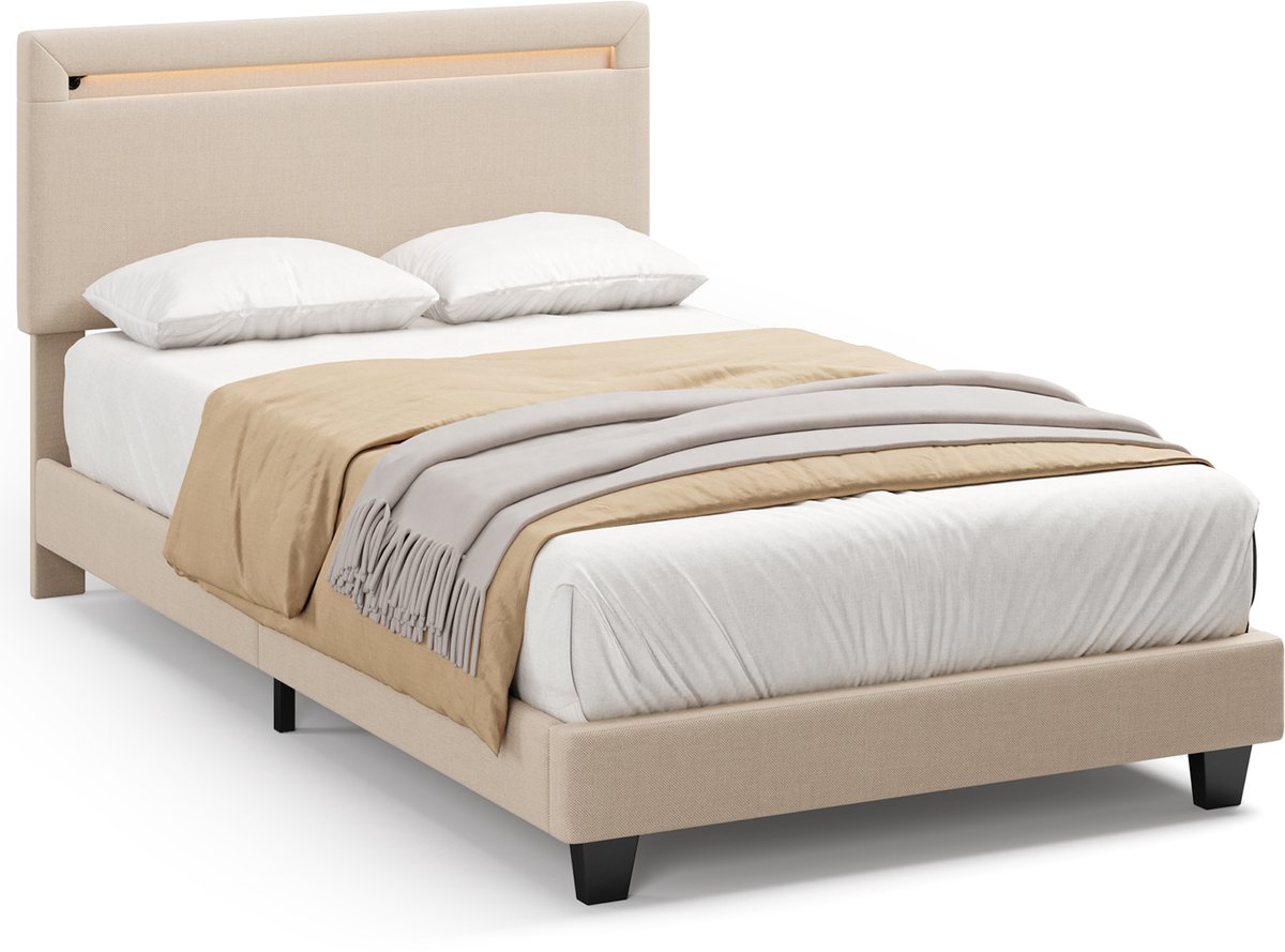Xbro Gestoffeerd Bed 90 x 200 cm – met Bedhoofdbord LED-Verlichting – Eenpersoonsbed met Hoofdbord en Lattenbodem – Beige — cadeau in Cadeau-ideeën - foto 8