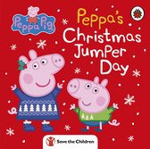 Peppa Pig Peppa's Kersttrui Dag. Peppa en George met kersttruien op een rode achtergrond met sneeuwvlokken.