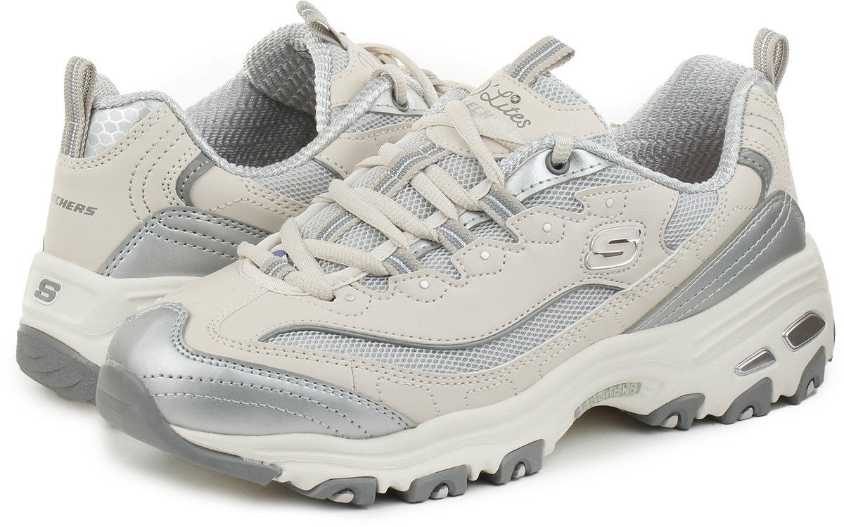 Skechers D Lites - Chromatic - Dames Sneakers Schoenen Beige-Zilver 150246-NTSL , Maat: EU 38.5 UK 5.5