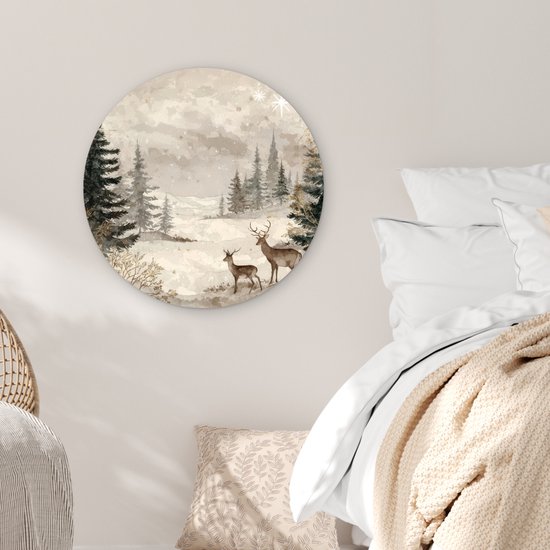 WallCircle® Wandcirkel 60x60 cm - Muurcirkel Bos - Herten - Winter - Sneeuw - Muurdecoratie woonkamer - Wanddecoratie slaapkamer - Kamer decoratie accessoires - Ronde schilderijen