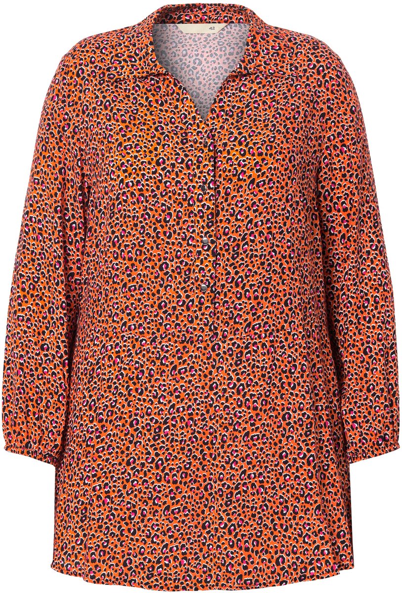 MIAMODA - Dames - Blouse A-lijn luipaard-motief volant aan de zoom lange mouw - Oranje - Maat 46
