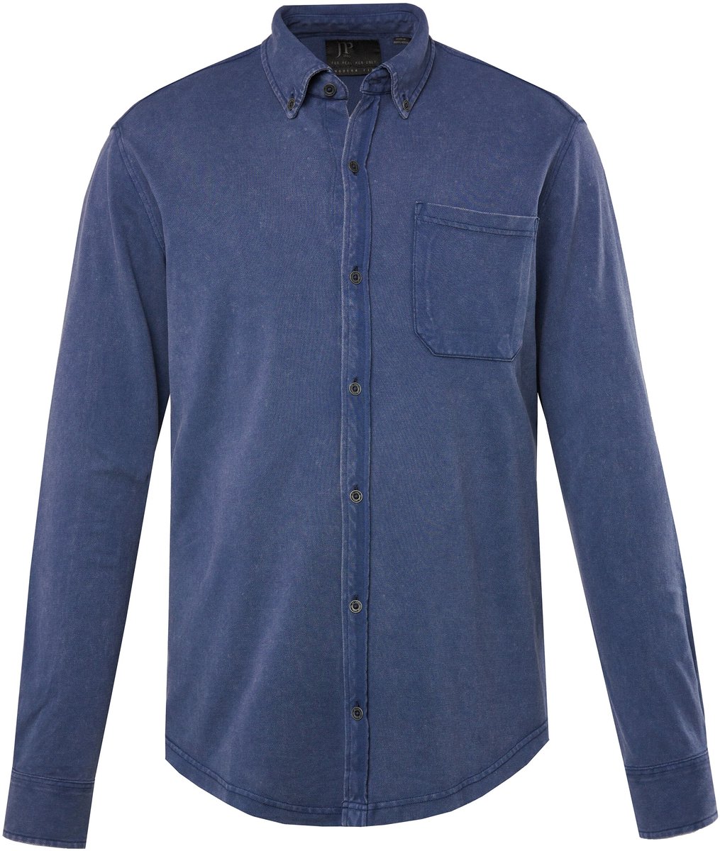 JP 1880 - Heren - Overhemd lange mouwen piqué vintage look buttondown-kraag - Donkerblauw denim - Maat 4XL