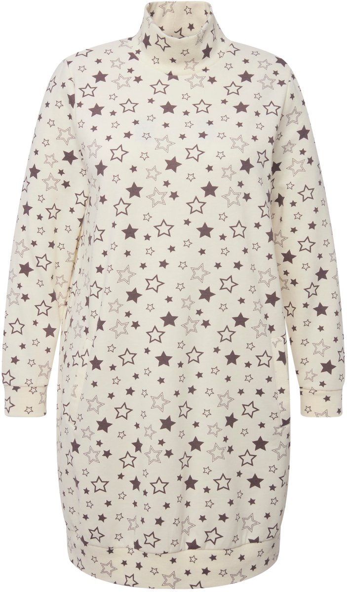 Ulla Popken Dames - Loungewear jurk knuffelzacht sterren opstaande kraag - Krijt - Maat 42+