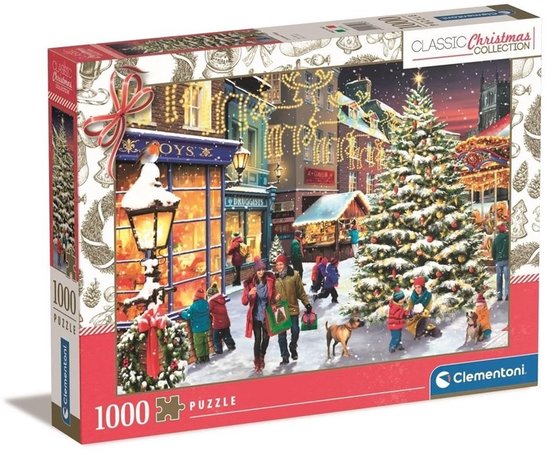 Puzzeldoos met een kersttafereel van een verlichte winkelstraat met kerstboom, sneeuw en figuren. "1000 PUZZLE"