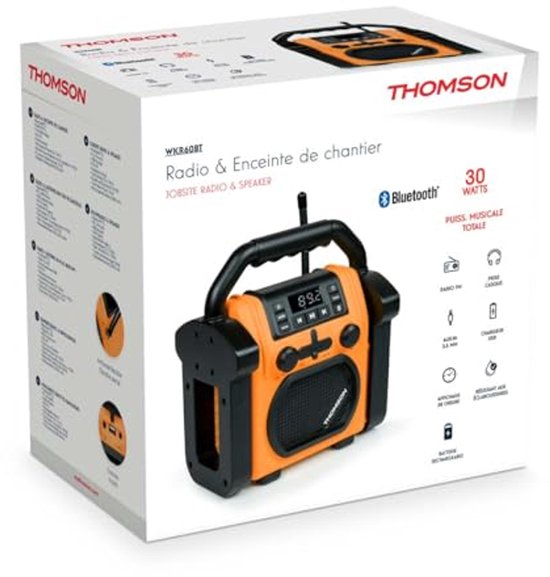 Thomson WKR50BT - Radio de chantier avec Bluetooth, radio FM PLL, AUX-IN, prise casque, lecteur USB, 30 W musicaux, IPX54, alimentation 230 V, câble ou 4 piles LR14 (non incluses