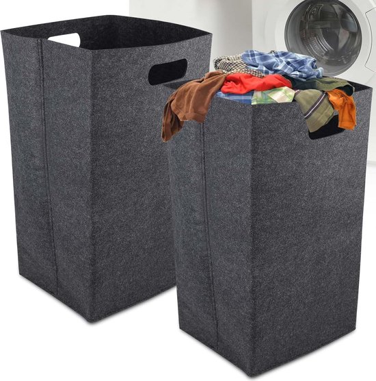 CYEER 2 stuks opvouwbare wasmand 60 l, smal, zwart, draagbaar, verdikt wasreservoir voor slaapkamer, badkamer