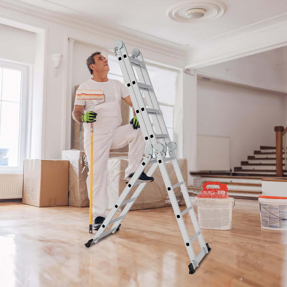 Multifunctionele vouwladder 6 in 1 - 5.82M Vouwladder 4 x 5 treden met platform - Draagvermogen tot 150 kg, Aluminium Ladder, Mobiele Multifunctionele Ladder met Werkplatform, Stelling, Aluminium Rolsteiger, Huishoudladder - Zilver – foto 7