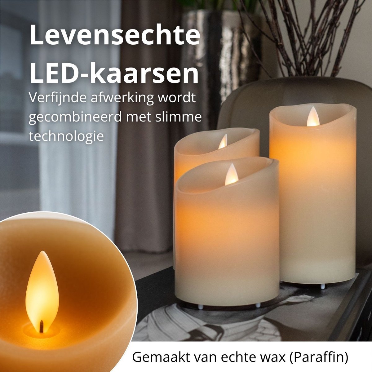 FlinQ Oplaadbare LED Kaarsen met Bewegende Vlam - Inclusief Afstandsbediening met Timer en Dimfunctie - Nep Kaarsen met Flikkerende Vlam - Dinerkaarsen Oplaadbaar - 3 stuks - Taupe — cadeau in Wonen & Interieur - foto 4