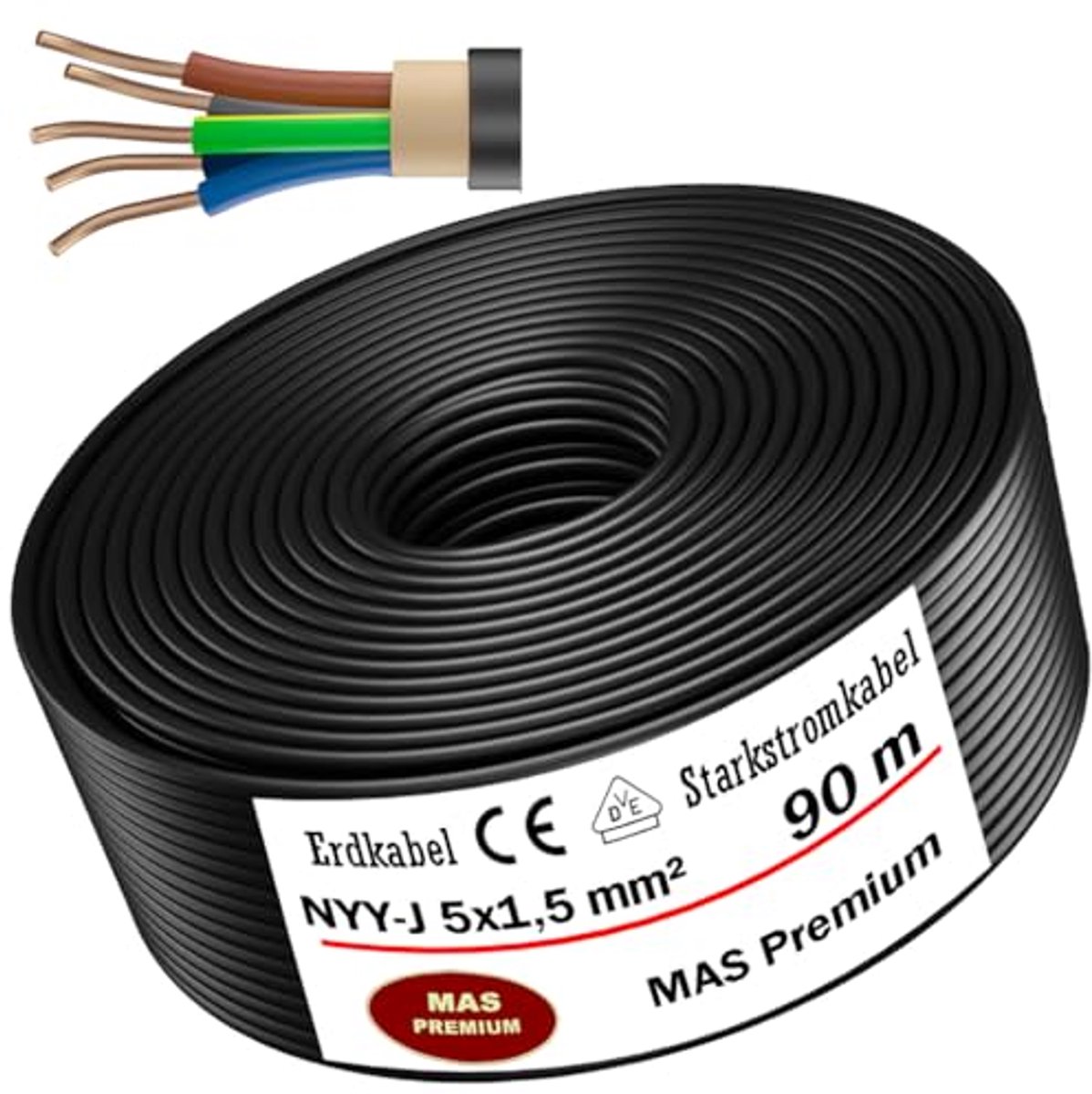 Aardingskabel voor Elektrische Installaties - NYY-J 5x1,5 mm², Diverse Lengtes van 5 tot 125 m, Ideaal voor Buiten en Binnengebruik