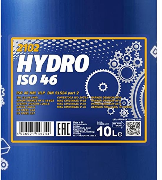 Gedetailleerd etiket op blauwe jerrycan: 'HYDRO ISO 46', specificaties, en barcodes. 10L.