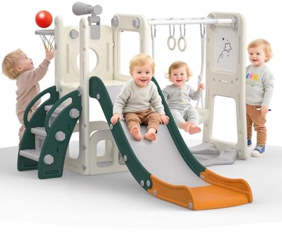 Foto: Merax 7 in 1 kinderglijbaan met schommel platform opbergkast boorspel basketbalring en trap hdpe speeltoestel zonder ballenbakballen