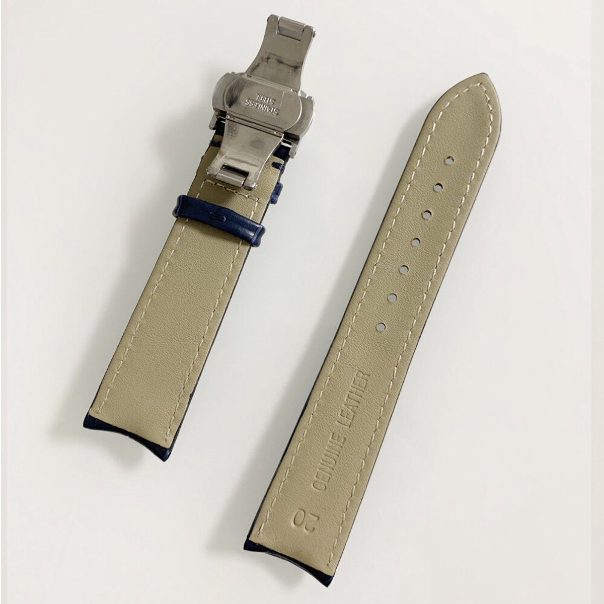 Gebogen armband met vervangende leren band en vouwsluiting 22 mm - Bruin - Stalen gesp - B1