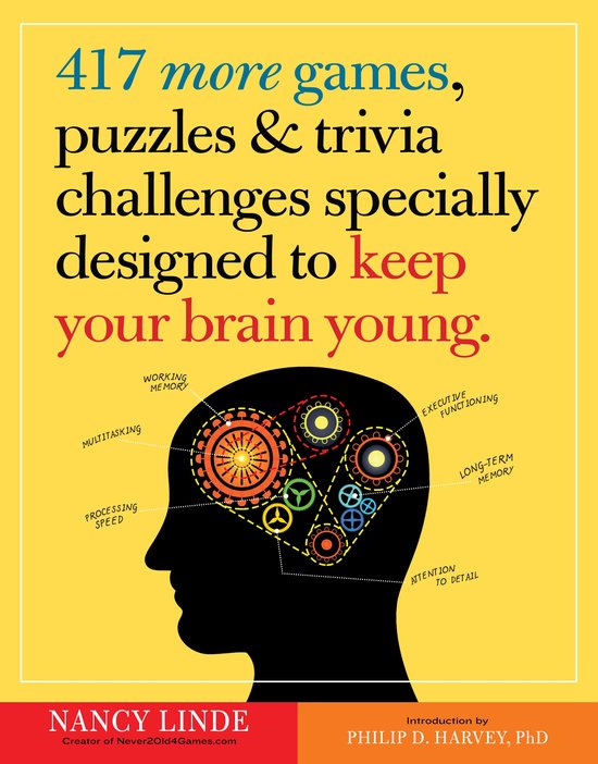Boekcover met de titel '417 more games, puzzles & trivia challenges specially designed to keep your brain young.' met een zwarte afbeelding van een hoofd met tandwielen in de hersenen. De tekst gaat over het jong houden van je brein.