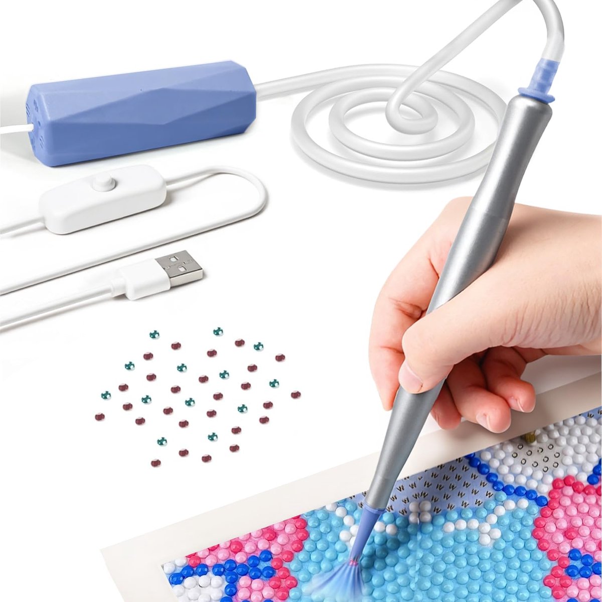 Elektrische Diamond Painting Pen - Met vacuümfunctie, inclusief USB-kabel en 3 opzetstukken - Voor 5D Diamond Painting - Blauw