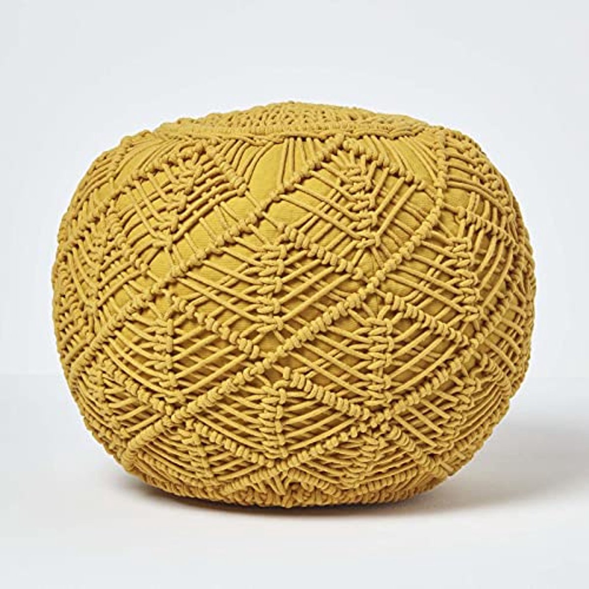 Mustardgele macramé poef 40 cm - Gehaakt en gevuld voor comfort