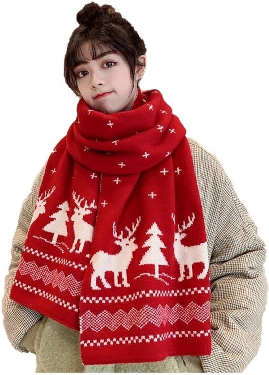 Écharpe De Noël Unisexe Motif Rennes - Rouge Et Vert, Laine Mélangée, Longueur 180cm - Cadeau Idéal Pour Les Fêtes
