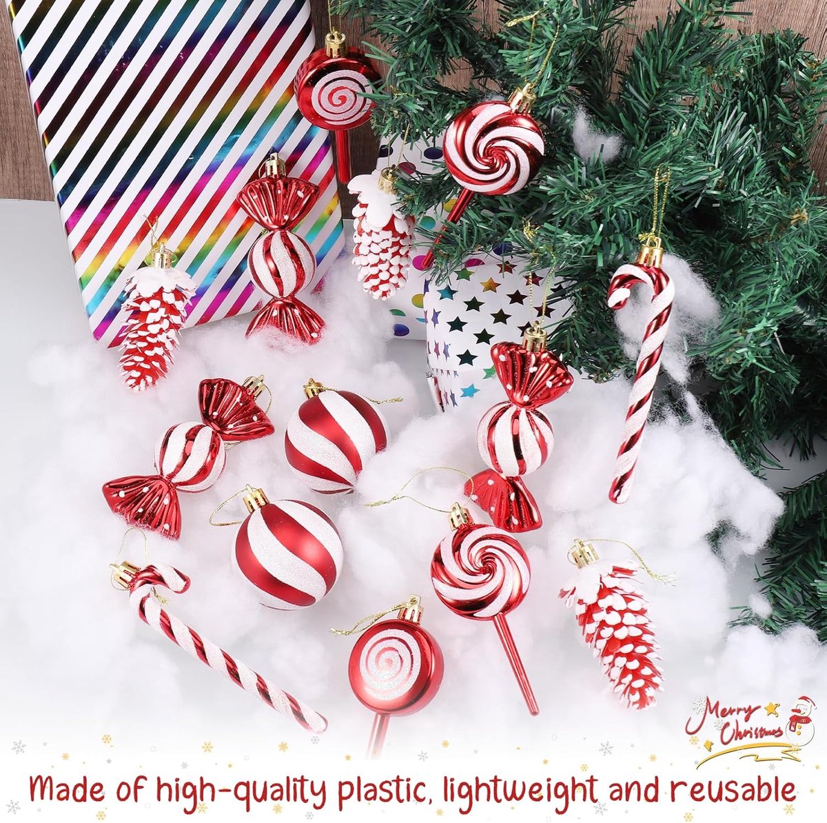 Kerstballen Set – kerstversiering - 15 Stuks Rood Wit Glitter Ornamenten – Inclusief Snoepjes Dennenappels En Lolly’s – Hangende Kerstballen Met Touw – Feestelijke En Decoratieve Kerstversiering Voor Kerstboom Huis Of Feest – foto 6