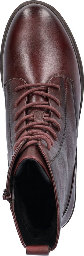 Bordeauxrode leren veterboot, bovenaanzicht, met veters en ritssluiting.