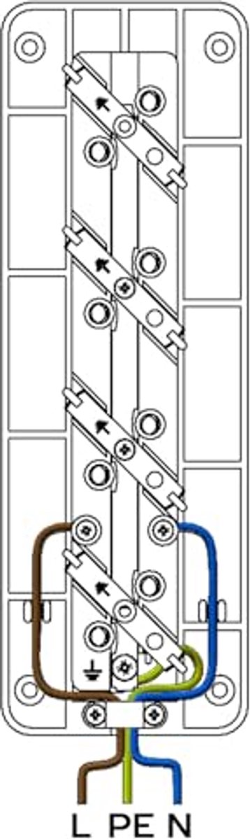 4-laags stopcontact voor montage met 3 vakken, schokbestendig en gemonteerd op powerband