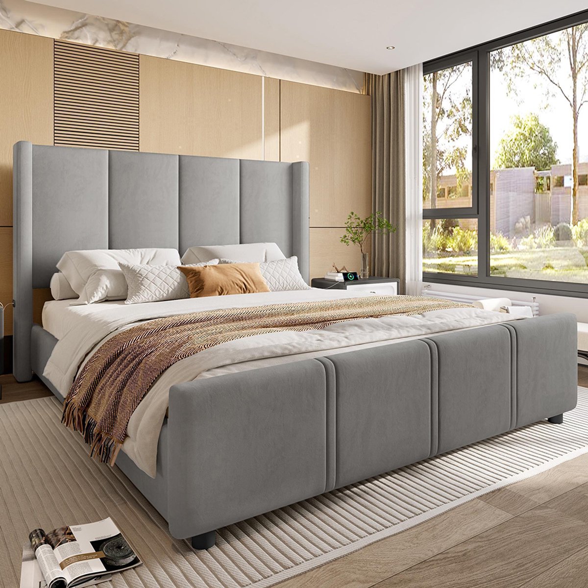 Pugsdrly 140 x 190 cm stijlvol, modern gestoffeerd bedframe, hoog hoofd- en voeteneinde, gecertificeerde USB-aansluiting, combinatie van ijzeren frame en houten plaat, stabiel en duurzaam, grijs