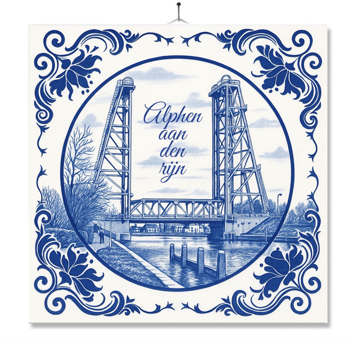 Tegel Met Opdruk | Alphen Aan Den Rijn | Delft Blauw | Cadeau | Inclusief Geschenkdoos | Standaard | Ophangsysteem