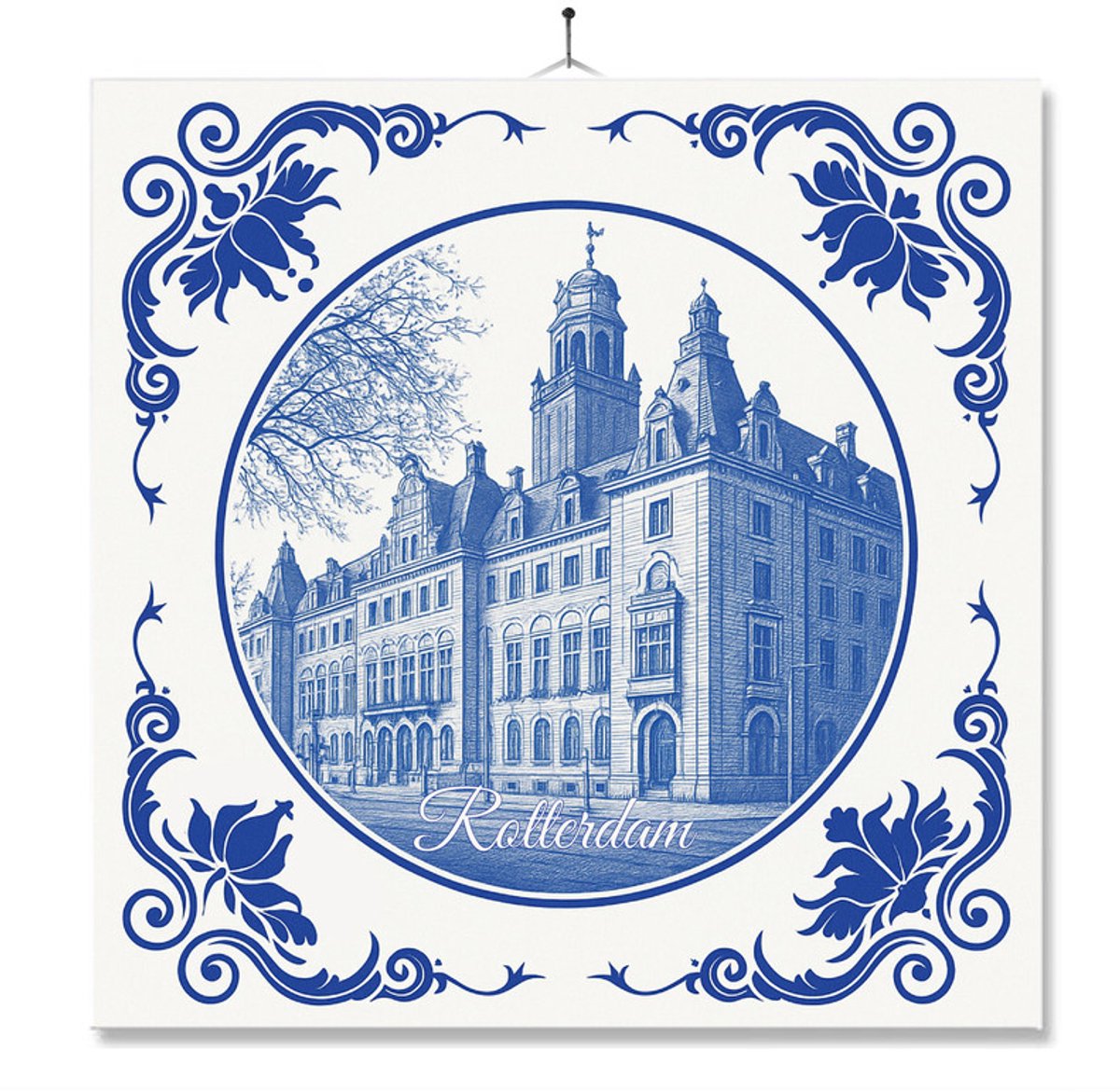 Tegel Met Opdruk | Rotterdam | Delft Blauw | Cadeau | Inclusief Geschenkdoos | Standaard | Ophangsysteem