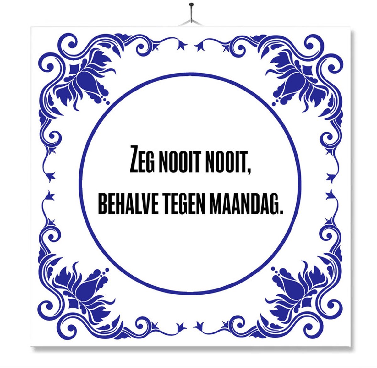 Tegel Met Opdruk | Zeg Nooit Nooit | Cadeau | Inclusief Geschenkdoos | Standaard | Ophangsysteem
