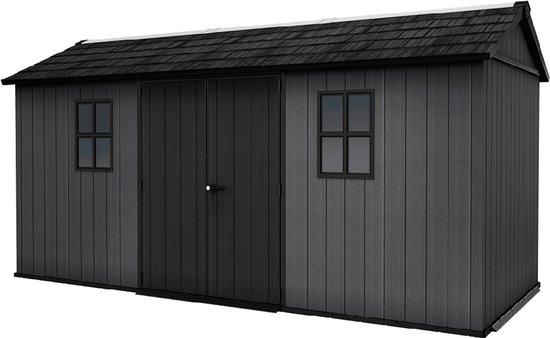 Donkergrijs tuinhuis met zwarte dakpannen, dubbele deuren en twee ramen.