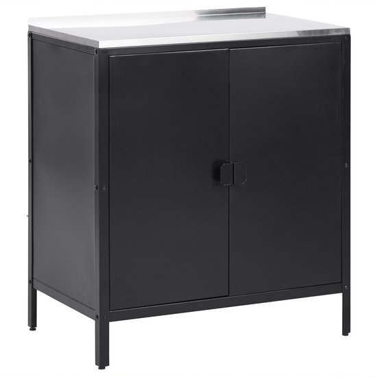 Armoire de cuisine extérieure noire avec deux portes, plateau en acier, sur pieds.