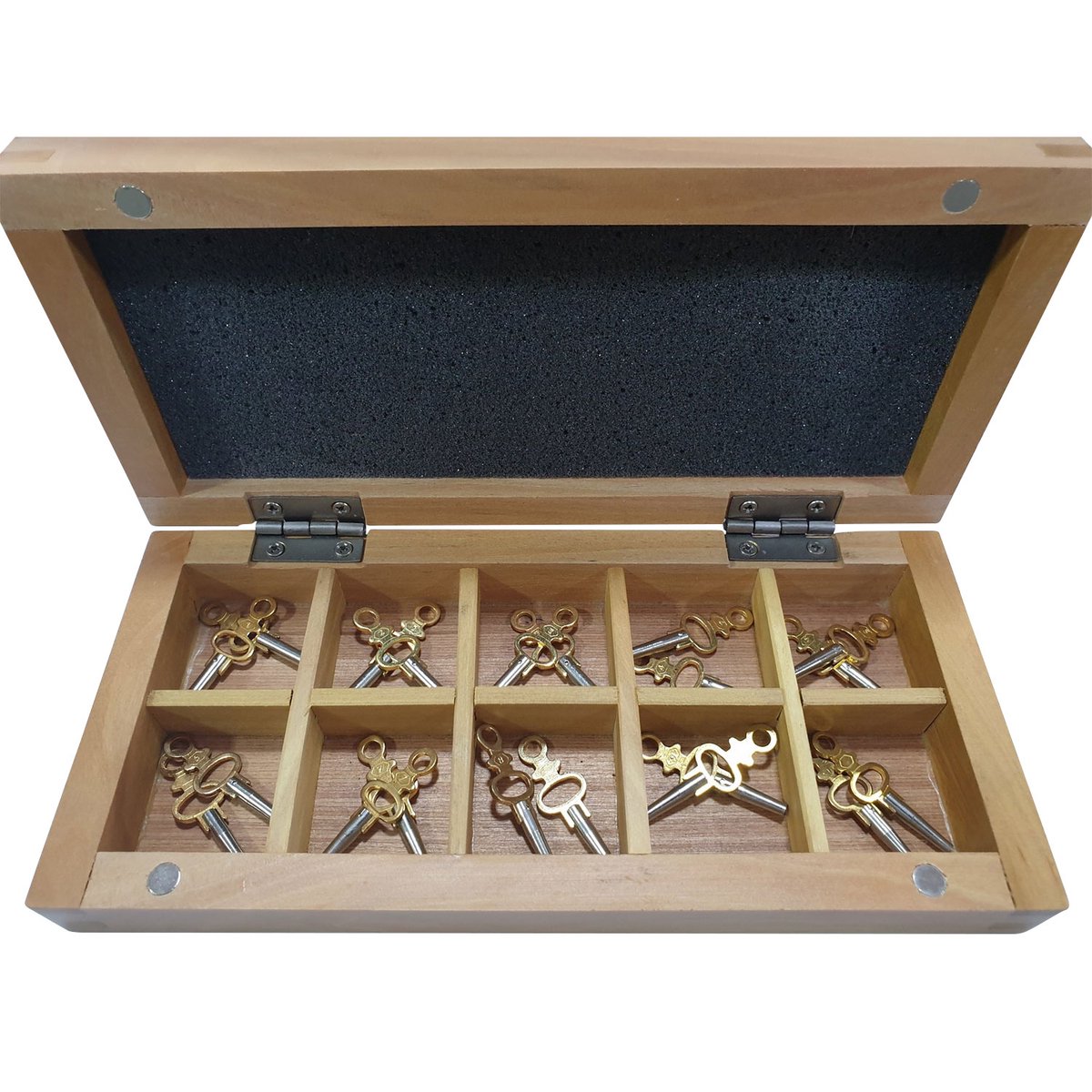 SELVA zakhorloge sleutelset, 20-delig, in houten etui, sorteerdoos voor kleine onderdelen met afzonderlijke compartimenten, horloge-onderdelen, opwindsleutel, vierkant