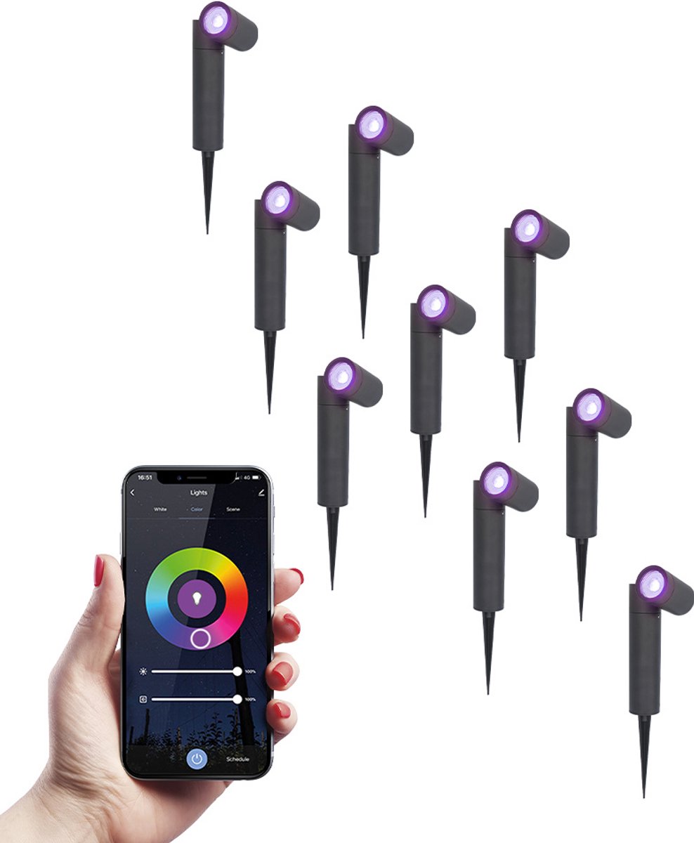 9x Pinero smart LED prikspots - RGBWW - WiFi & Bluetooth - GU10 fitting - Kantelbaar - Dimbaar via app - Tuinspot - Pinspot - Slimme verlichting - Google assistant & Amazon Alexa - IP65 voor buiten - Zwart