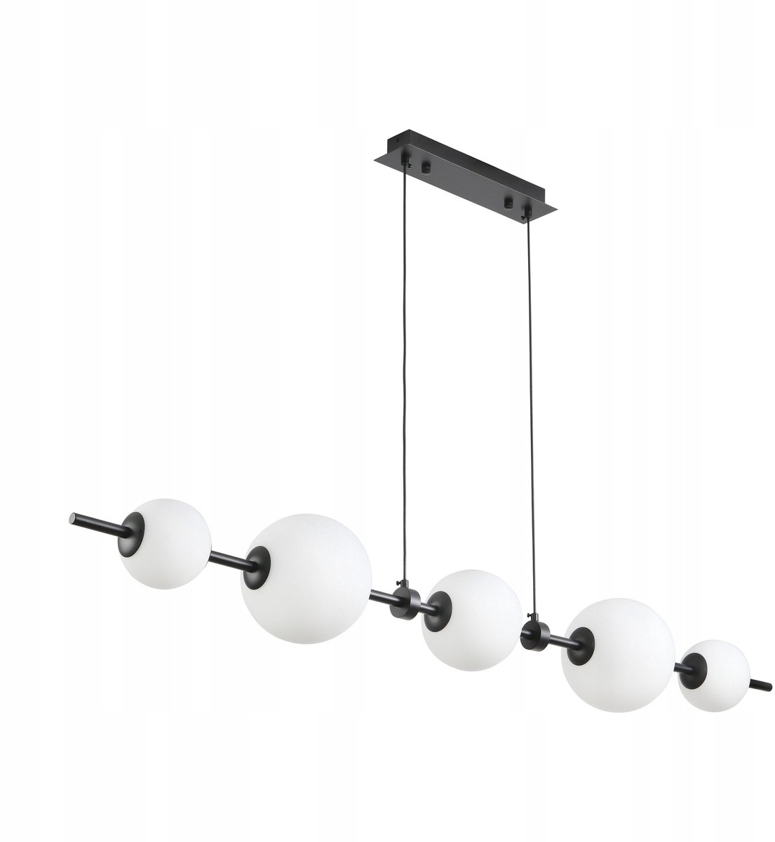 MILA hanglamp: 5 witte bollen op zwarte balk, ideaal voor keuken/woonkamer