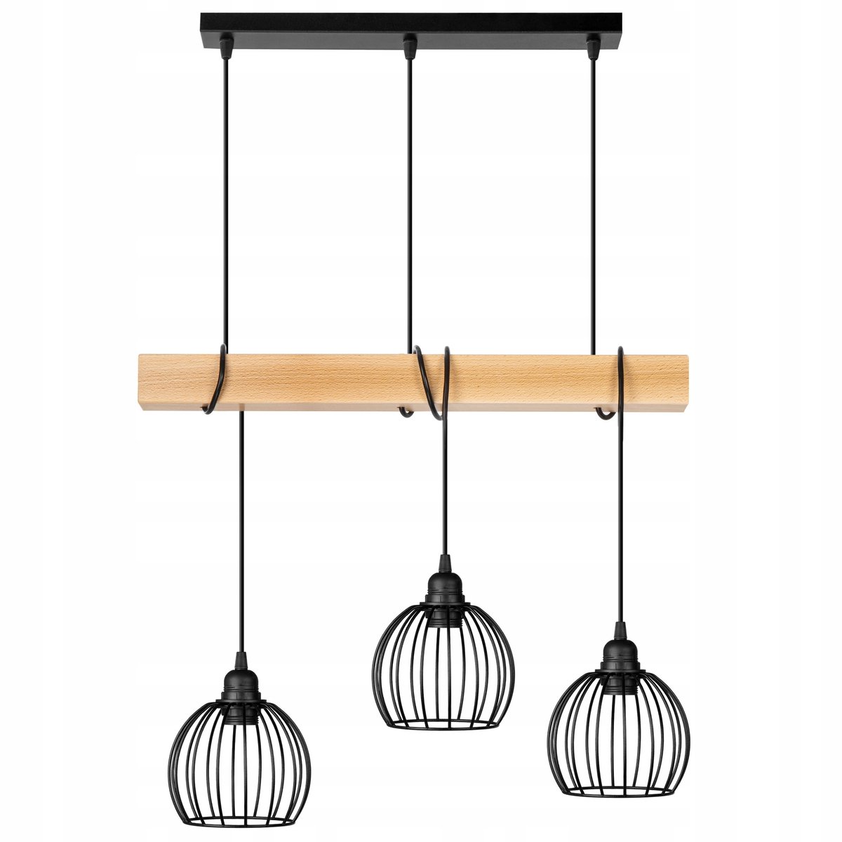 Houten Balk Hanglamp Buk 3x Diamant Bol Zwart Loft E27